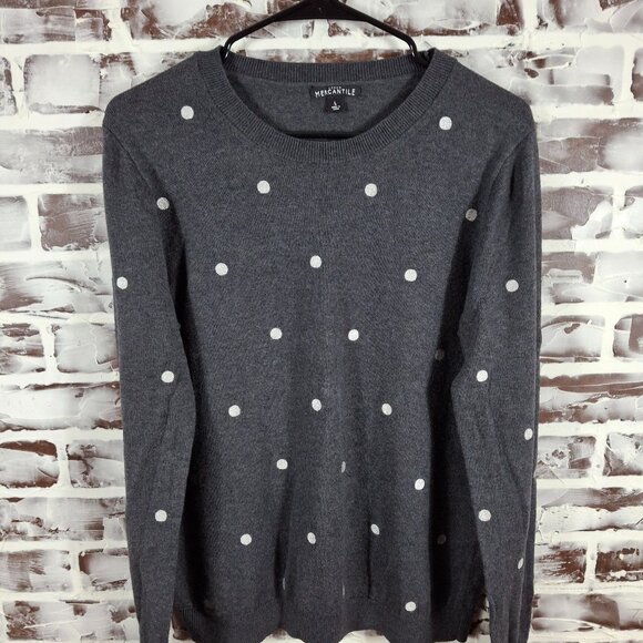 J Crew Mercantile Large Pullover Sweater Grey Silver Polka Dots Merino Wool - Picture 1 of 5
